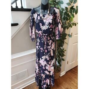 Eliza J Long Maxi Dress Women 4 Blue Floral Off Shoulder Neck Bell Sleeve Ruffle